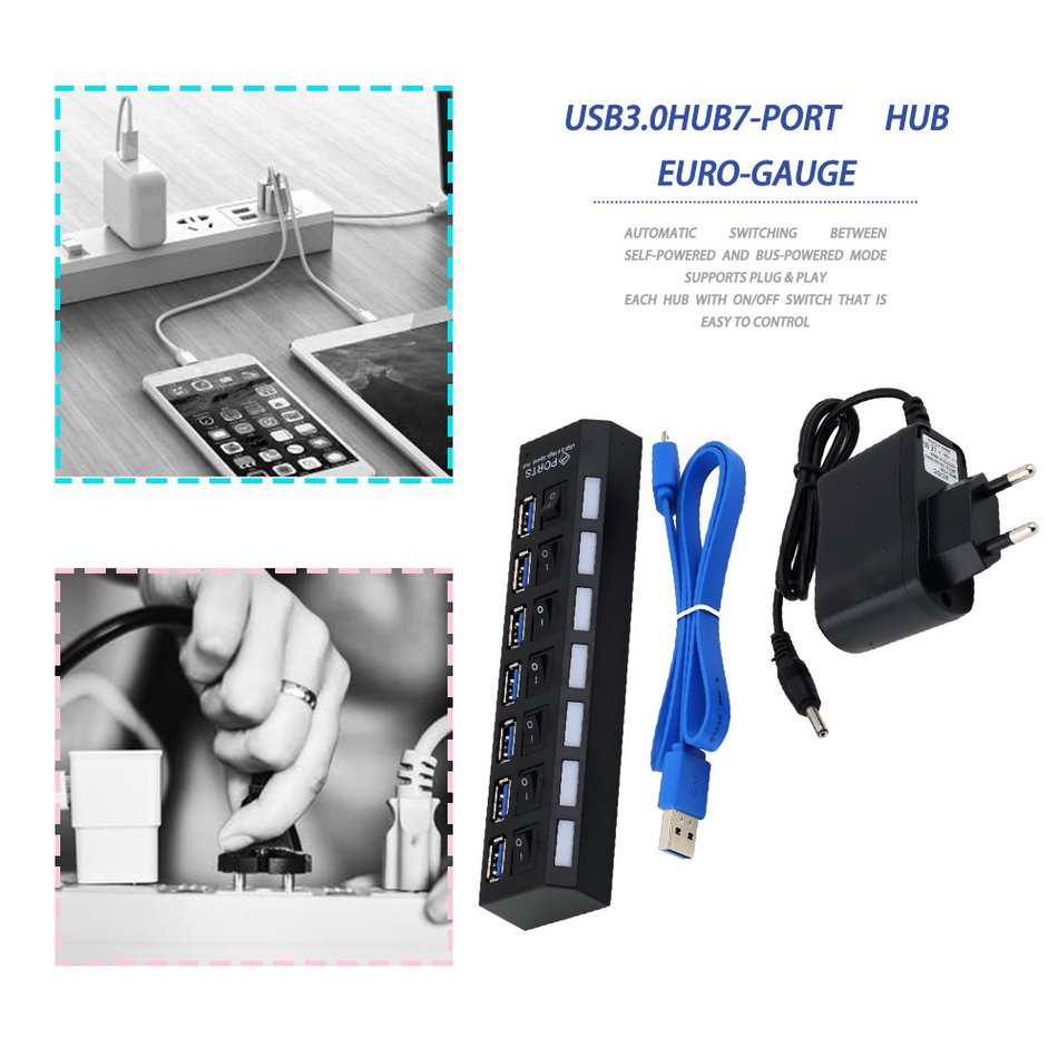 (orb) Hub 7 Cổng Usb 3.0 Hub Với Công Tắc On / Off + Dây Cáp