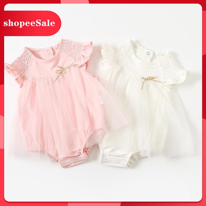 Áo Liền Quần Dạng Đầm Cotton Tay Xòe Ngắn Phối Vải Lưới Đáng Yêu Cho Bé Gái Sơ Sinh