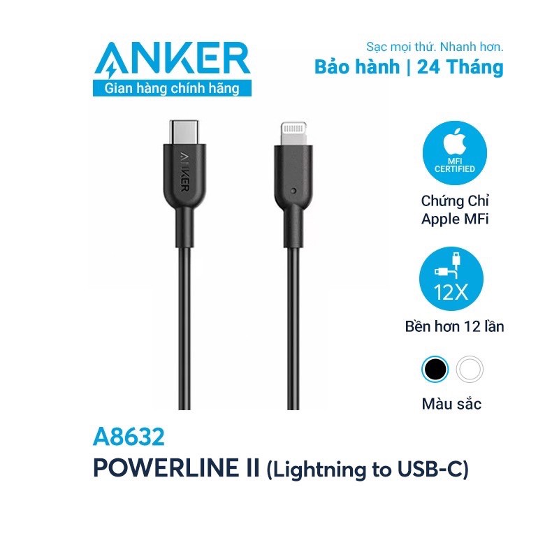 Cáp sạc Anker Power line ll A8632 type C to Linghtning 0.9m MFI