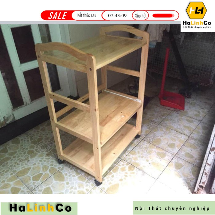 Halinhco- --Kệ đa năng 3 tầng gỗ cao su, có bánh xe- có thể gấp gọn 100% gỗ tự nhiên