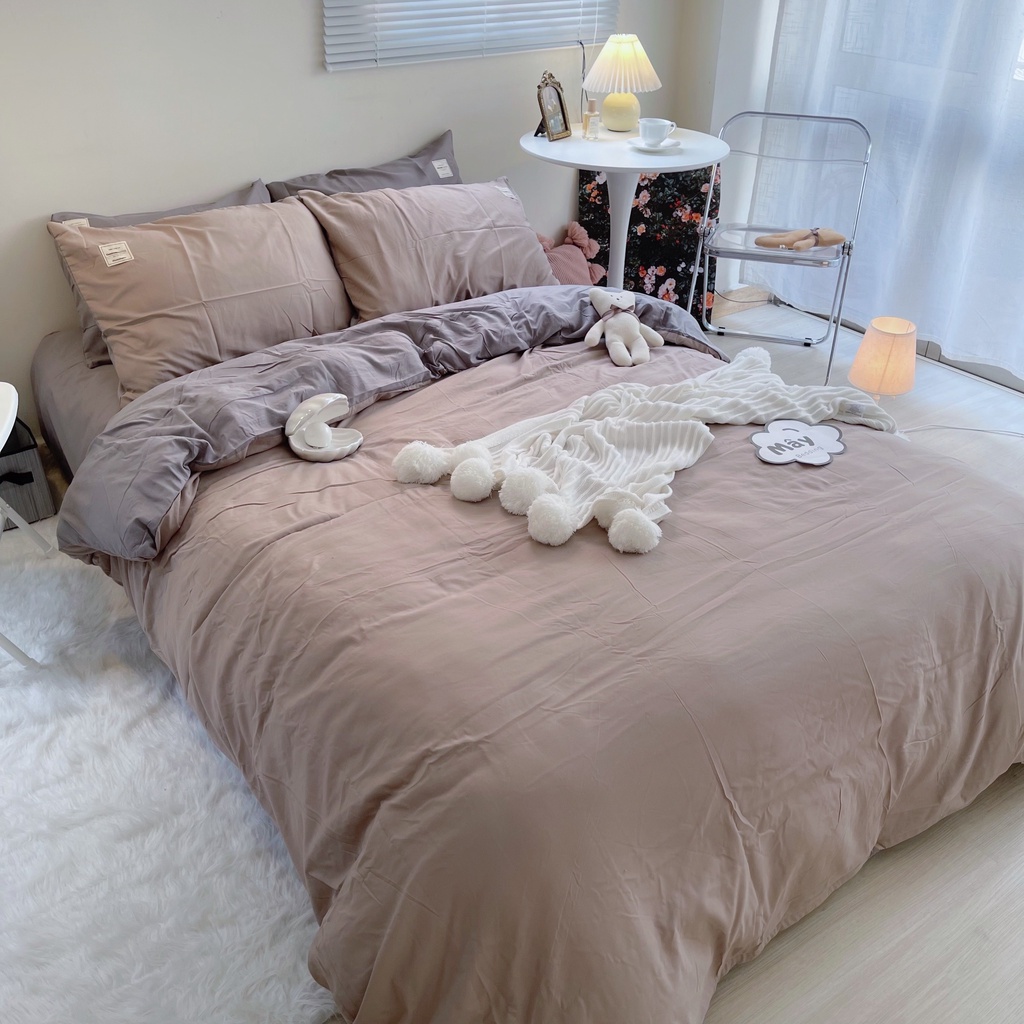 Bộ chăn ga gối đệm Cotton TC phối ga trải giường xám MÂY BEDDING đủ màu xám xanh dương xanh mint be đủ kích thước nệm