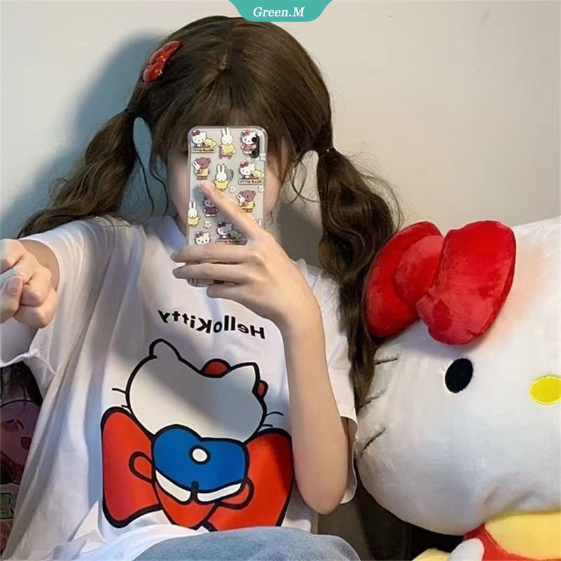 SANRIO Áo Thun Nữ Tay Ngắn Dáng Rộng In Hình Hello Kitty Đáng Yêu