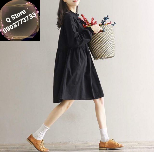 Đầm babydoll đen cổ nơ nút sau | BigBuy360 - bigbuy360.vn