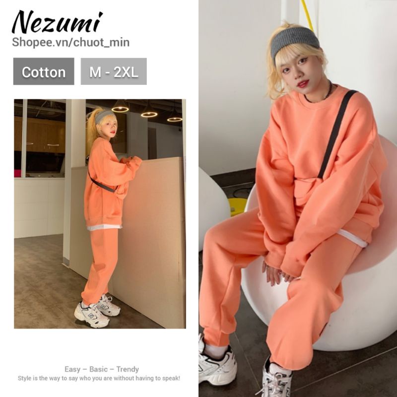 (Sẵn cam, xanh biển) Set bộ nỉ đơn màu trơn thể thao áo sweater + quần jogger kèm túi chéo unisex nam nữ Hàn Quốc