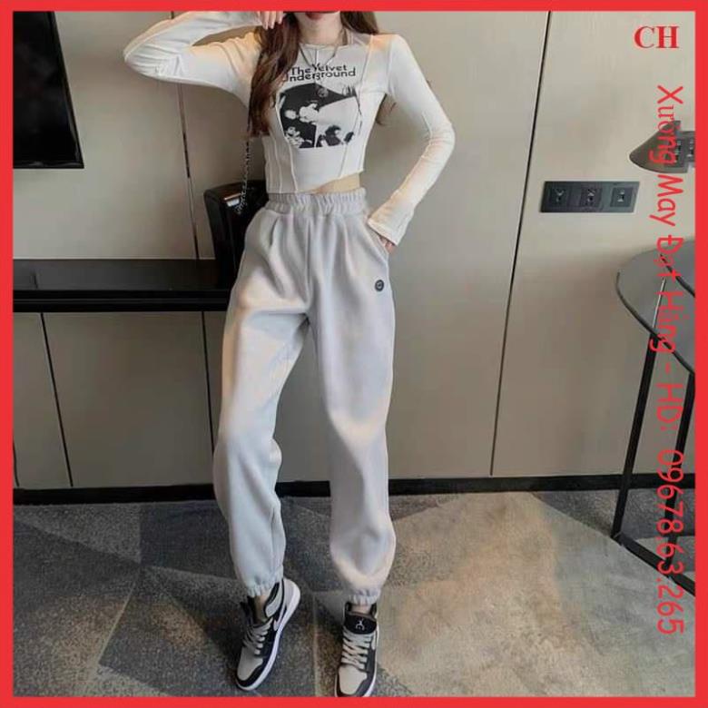 Quần jogger chất len tăm logo bò form thụng cho nữ, quần bomber chun ống quần cá tính style Hàn Quốc