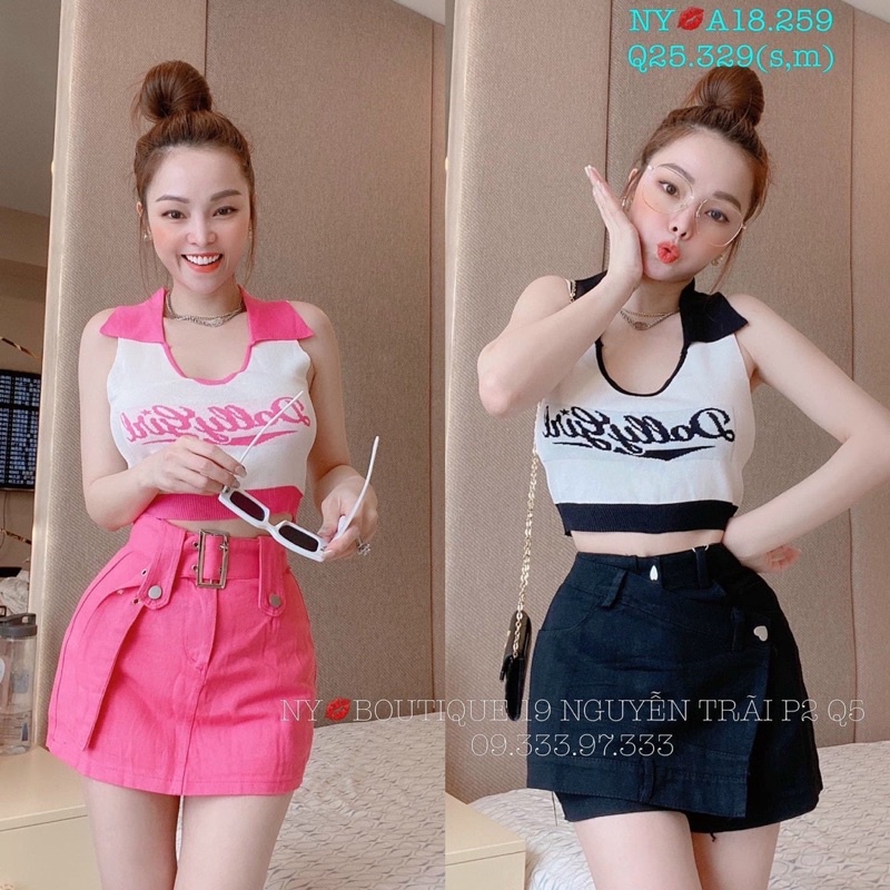 Áo croptop cổ bẻ phối màu xinh ☘️☘️☘️GB alohashop91