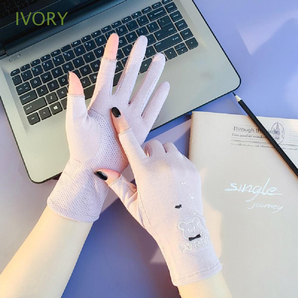 Găng Tay Xỏ Ngón Thêu Họa Tiết Gấu Chống Tia UV Thời Trang Mùa Hè Dễ Thương Dành Cho Nữ