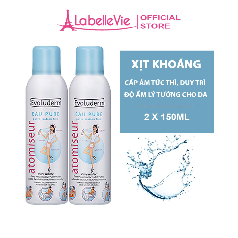 Bộ 2 Nước Xịt Khoáng dưỡng ẩm, làm dịu da Evoluderm Atomiseur Eau Pure 150ml/chai