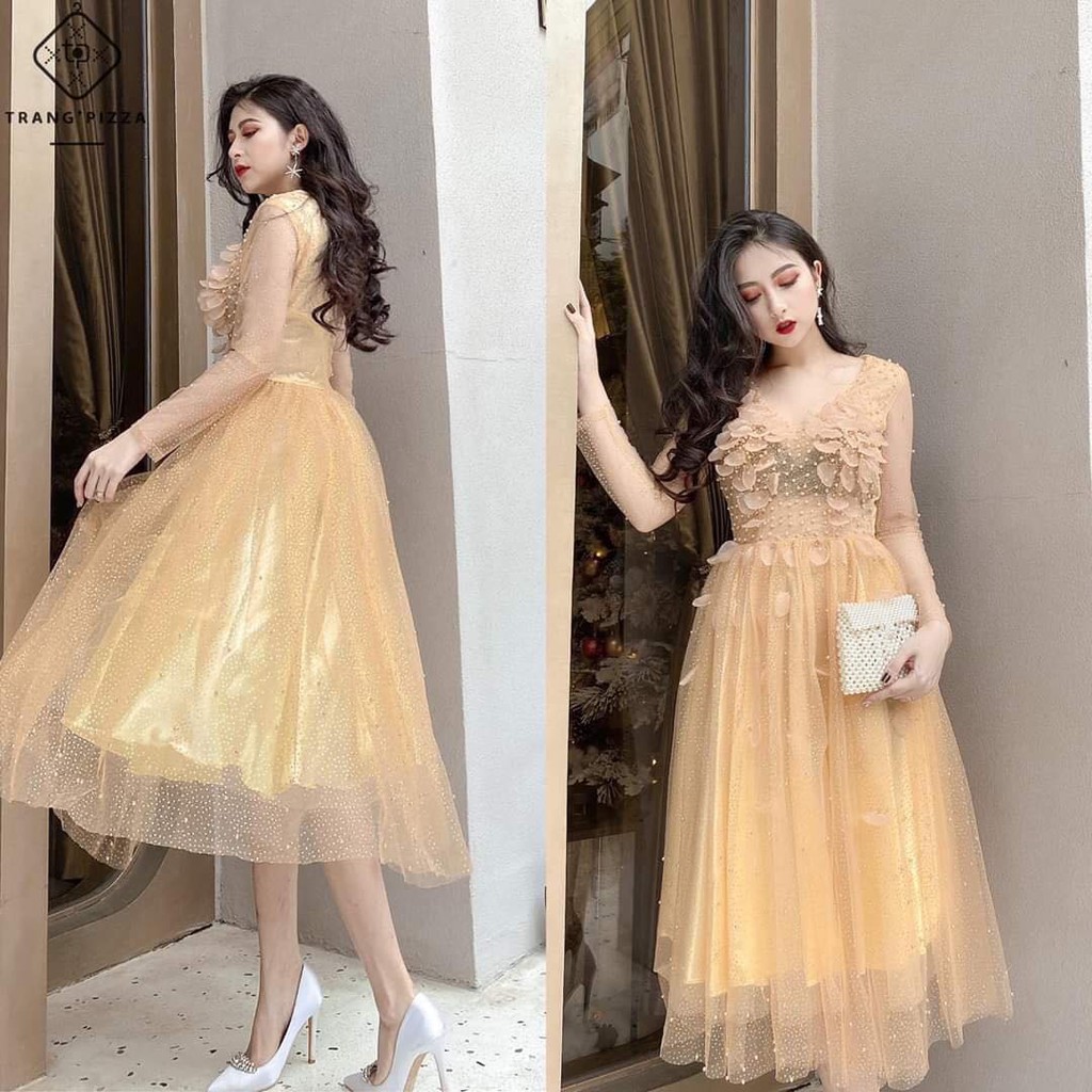 Đầm xoè lưới nhũ kim tuyến kết cánh hoa TRIPBLE T DRESS - size M/L (kèm ảnh/video thật) MS125V