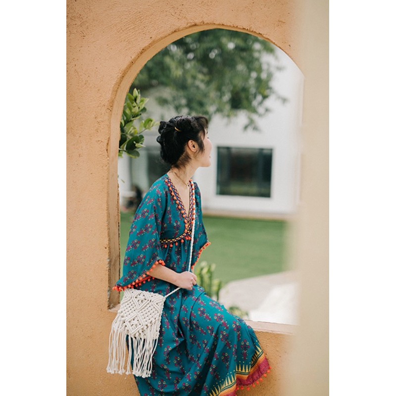 Túi đeo chéo len móc tua rua phong cách bohochic xinh xắn Hàn Quốc thủ công sợi len bohemian vintage len retro