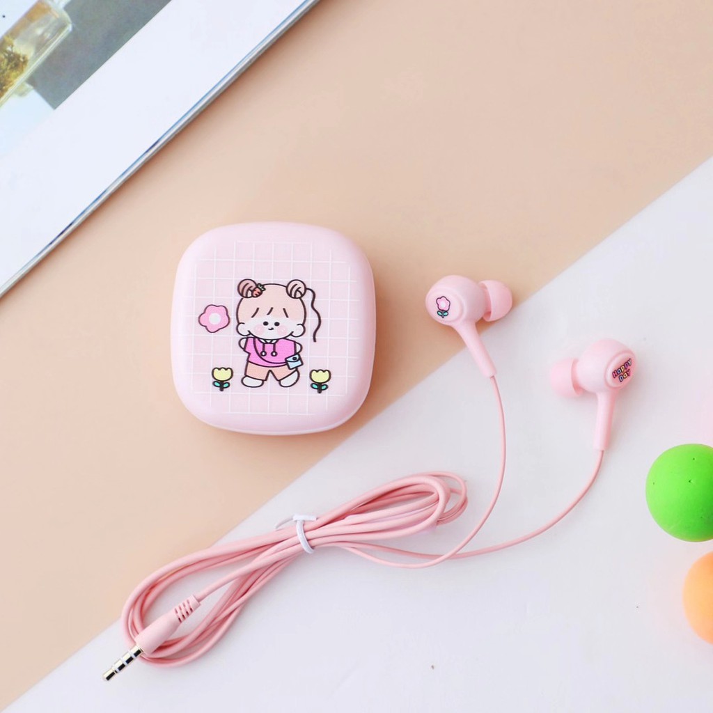 Bộ Tai Nghe Và Hộp Đựng Hàn Quốc Mẫu Cô Gái Dễ Thương Cực Cute - Có Mic Đàm Thoại - BEYOU