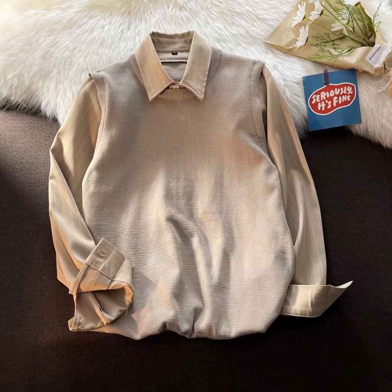 Áo len giả hai lớp dáng ôm phong cách Hàn Quốc thời trang cao cấp dành cho bạn nam Simple Fashion áo sweater form rộng áo sweater trơn áo dài tay Unisex Áo len nam bông