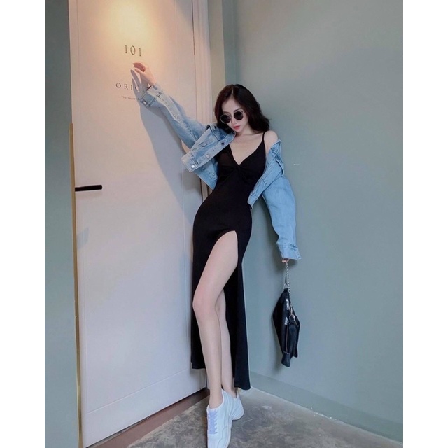 Đầm body xẻ tà 2 dây ( chất thun lụa ảnh thật cuối )
