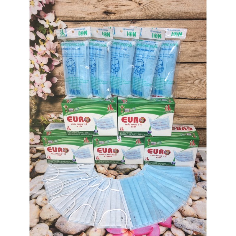 Khẩu Trang Y Tế Xanh 4 Lớp Euro Kháng Khuẩn Tốt 1 Hộp 50 Chiếc