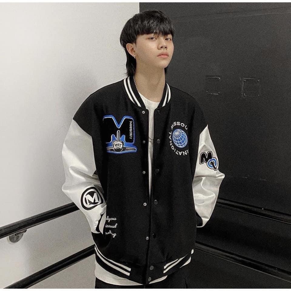 Áo Khoác Bomber nam nữ màu đen phối tay trắng MISSOUT