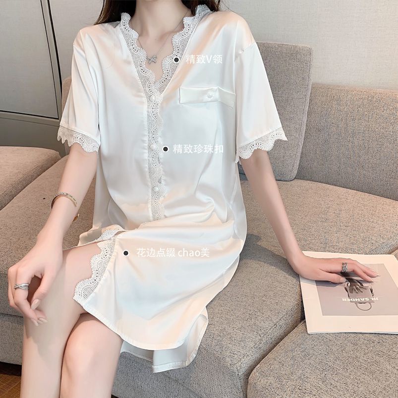 Đồ ngủ ngắn tay bằng vải lụa voan màu trắng thời trang mùa hè cho nữ