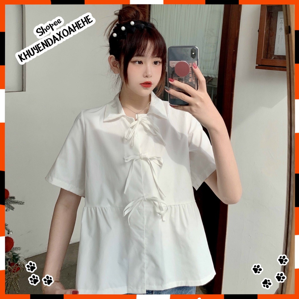 SUA008 Áo sơ mi buộc dây babydoll cute trắng đen cộc tay Áo cổ sen thắt nơ dáng rộng dễ thương đi học đi chơi hè thu đẹp