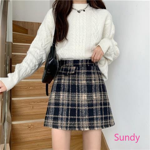 Chân Váy Len Chữ A Lưng Cao Họa Tiết Sọc Caro Phong Cách Vintage Hàn Quốc