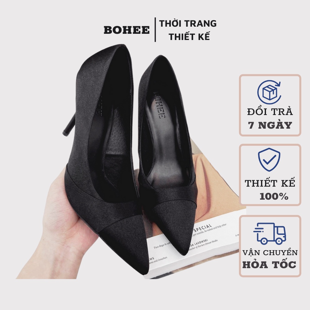 Giày cao gót nữ mũi nhọn Satin màu đen dáng siêu sang BOHEE GD28
