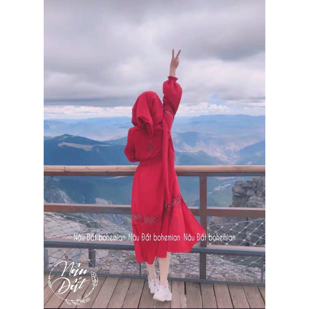 Đầm đỏ maxi phối ren xẻ tà KÈM KHĂN CHOÀNG