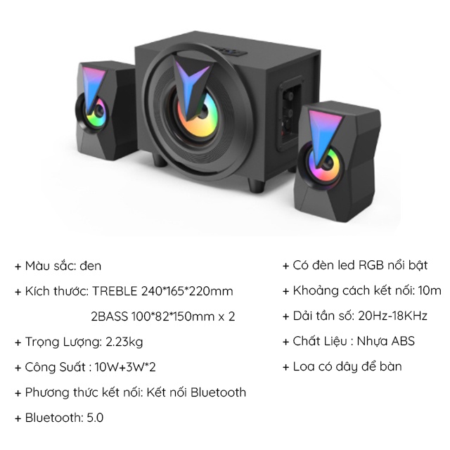 Loa Bluetooth Gỗ 2.1 Để Bàn Dùng Cho Tivi Máy Vi Tính PC Laptop Công Suất Lớn FT-K10 Có Đèn Led RGB Nổi Bật