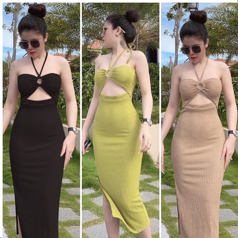 Đầm Body Xốp Quảng Châu Khoen Giữa có mút