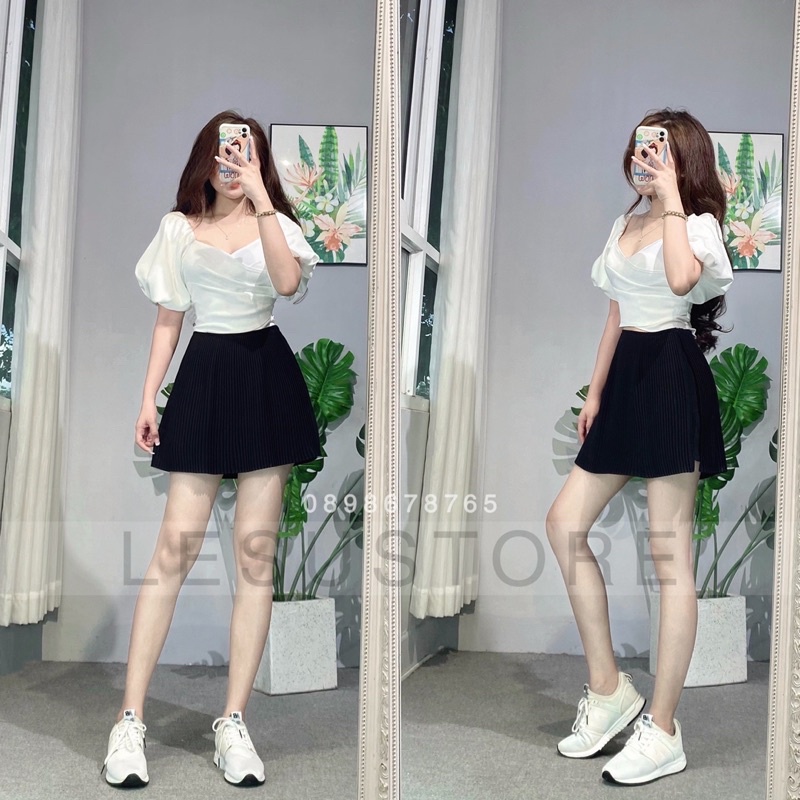 ẢNH TỰ CHỤP Áo Croptop đắp chéo ngực tay bồng