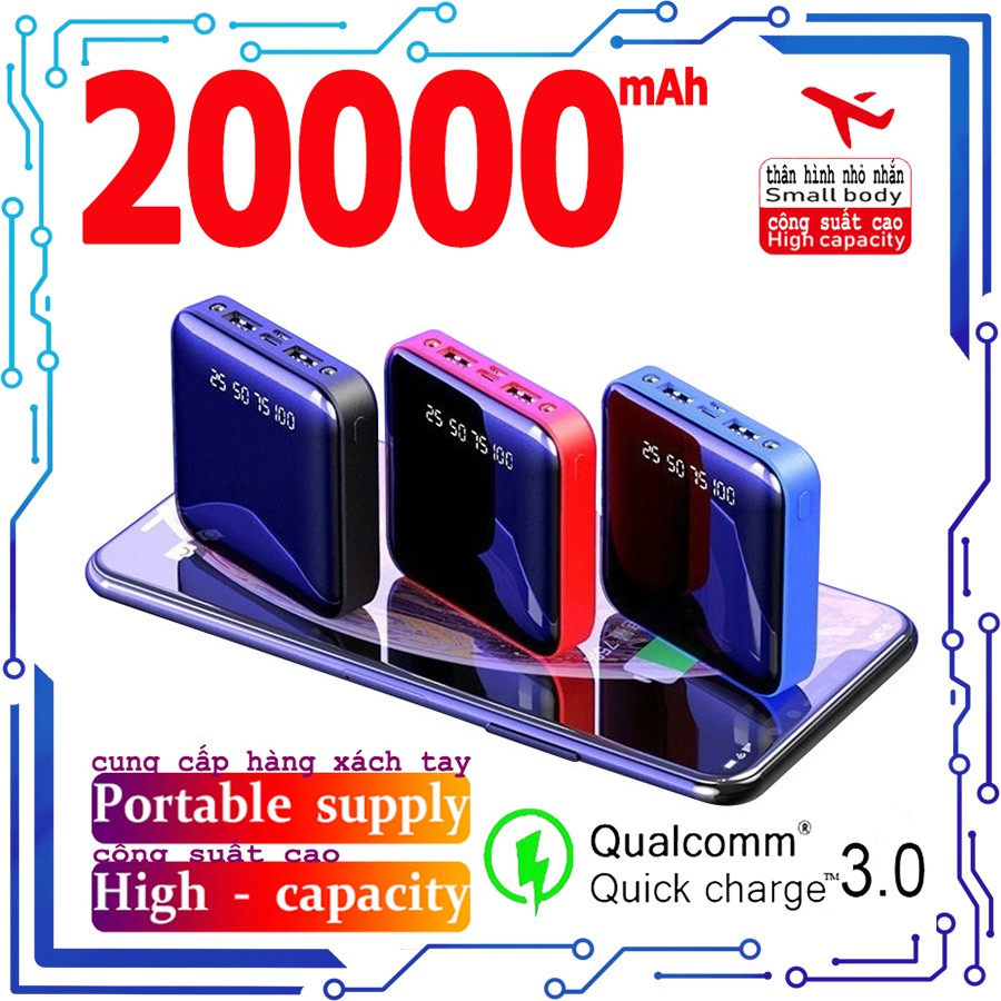 Power bank Pin dự phòng mini dung lượng đầy đủ 20000mAh màn hình kỹ thuật số USB kép sạc dự phòng sạc nhanh di động