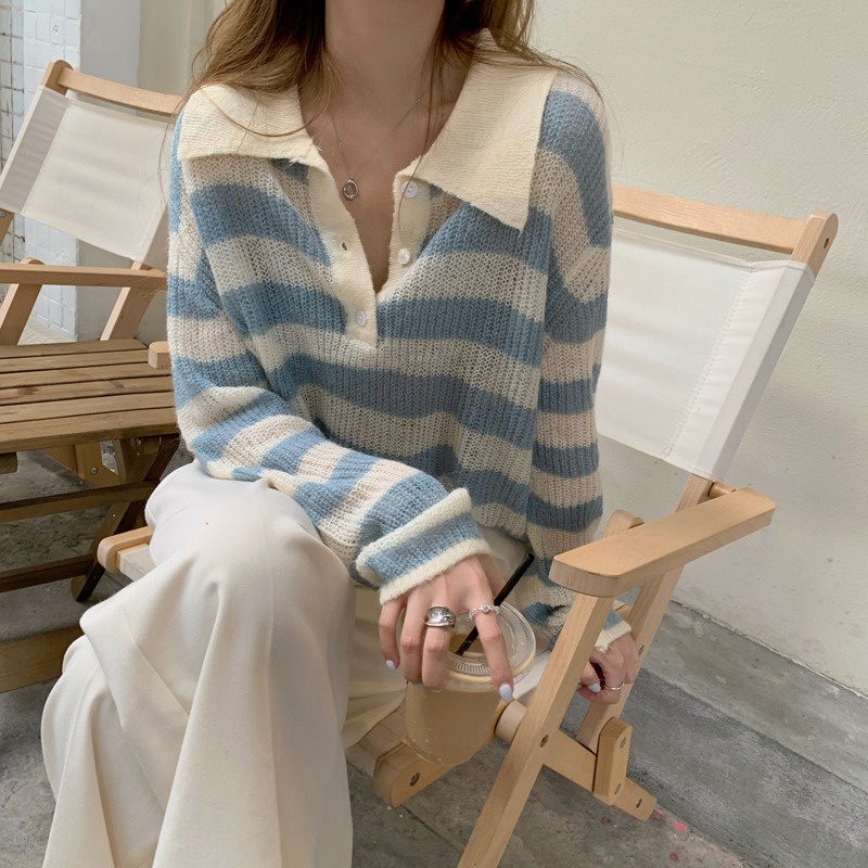 Áo Sweater Dệt Kim Tay Dài Dáng Rộng Cổ Polo Kẻ Sọc Dễ Phối Đồ Cho Nữ | BigBuy360 - bigbuy360.vn
