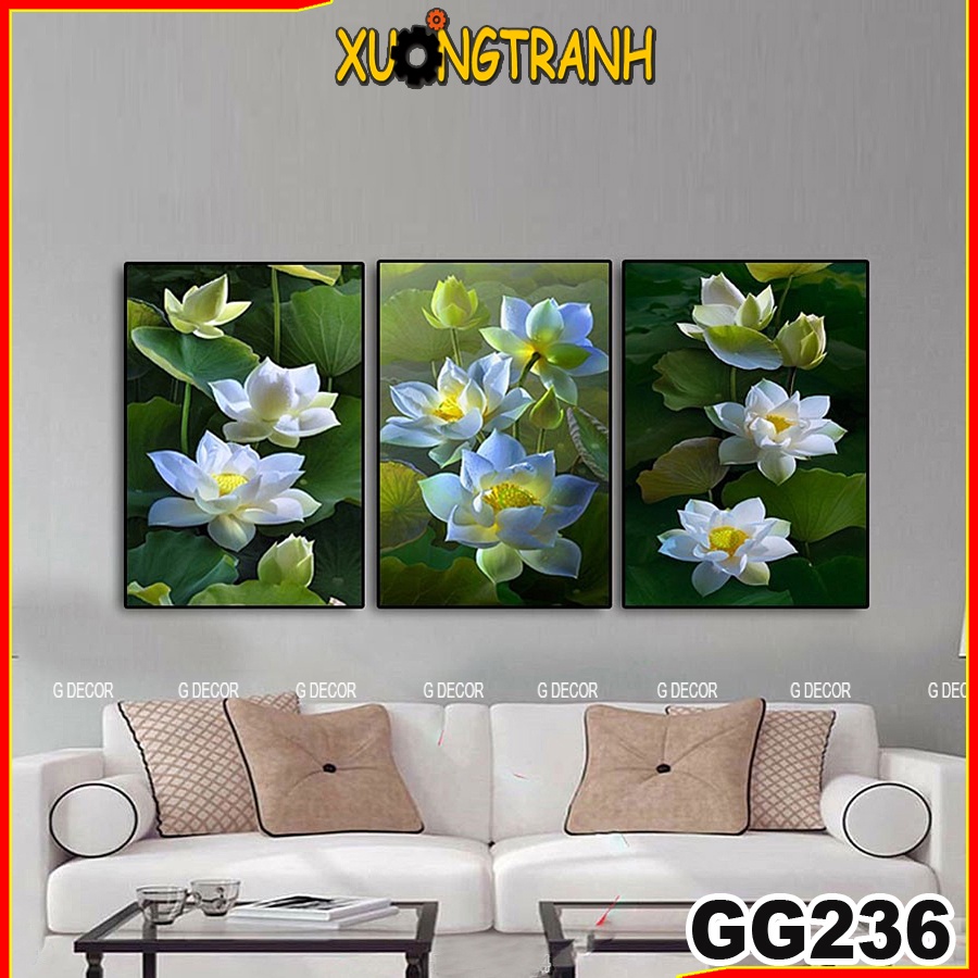 Tranh treo tường canvas 3 bức phong cách Bắc Âu 236, tranh hoa sen trang trí phòng khách, phòng ngủ, phòng ăn, spa