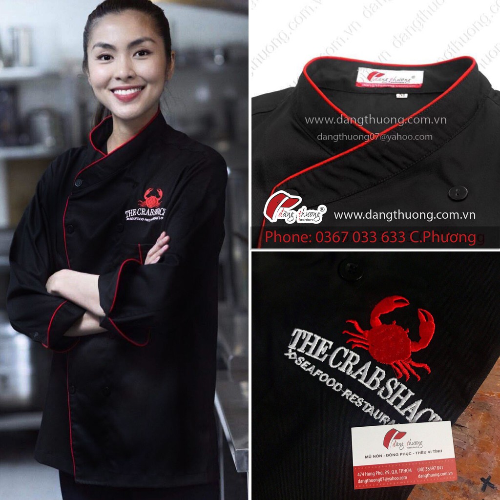 Áo đầu bếp nhà hàng khách sạn màu đen viền đỏ tay ngắn tay dài