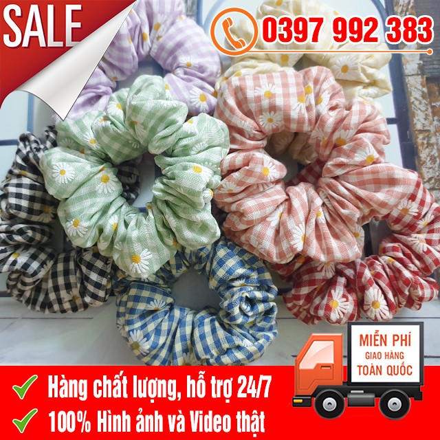 [FREE SHIPPING] Dây Cột Tóc Vải Scrunchies Các Màu Vải Caro Hoa Cúc Siêu Nữ Tính