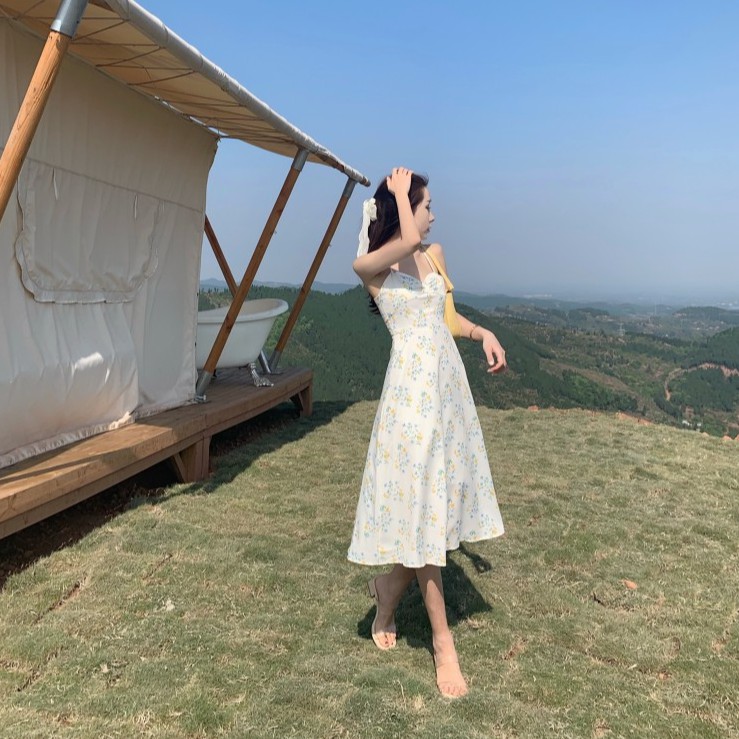 Đầm nữ hoa nhí hai dây dáng xòe midi Emilyshop