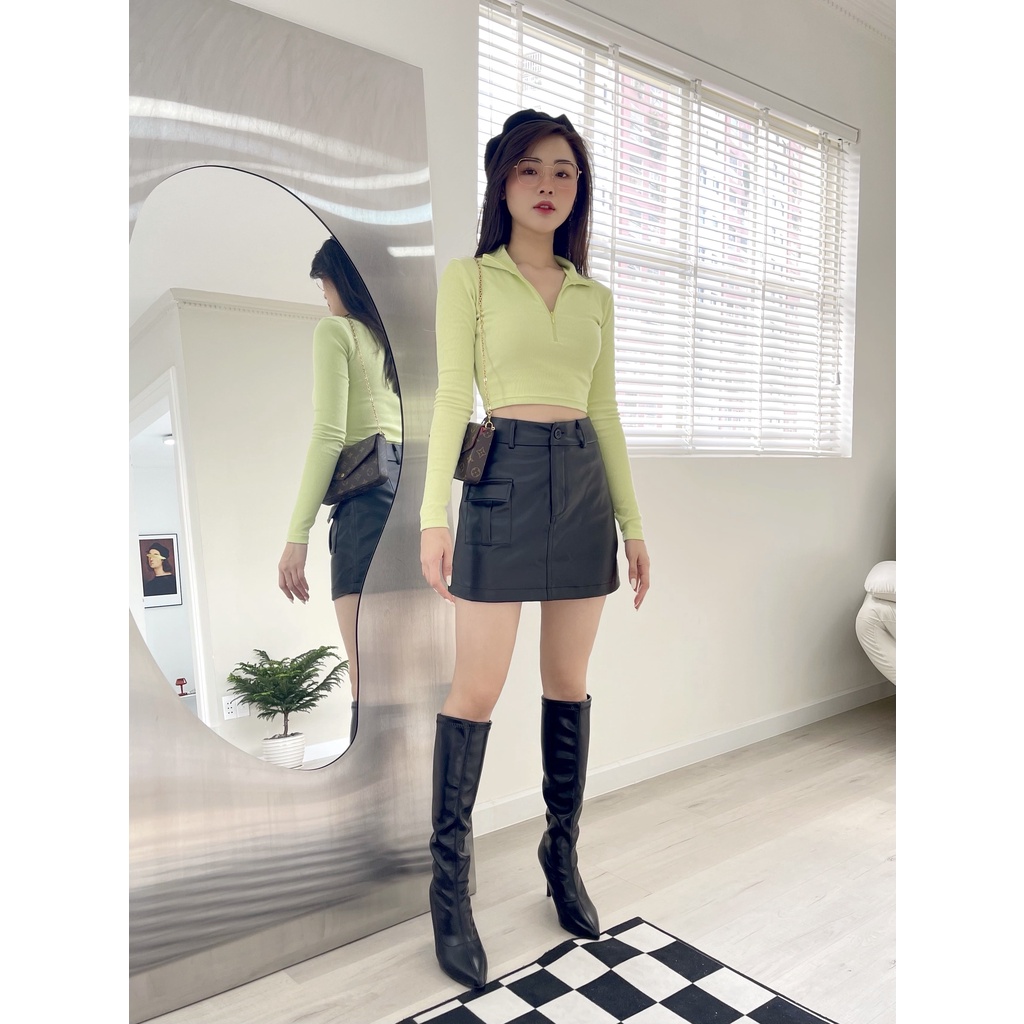 Váy quần túi hộp HEYBEE phom ôm màu đen cá tính, chất liệu vải da mềm mát (có quần bên trong) - LEATHER SKORT HT720.