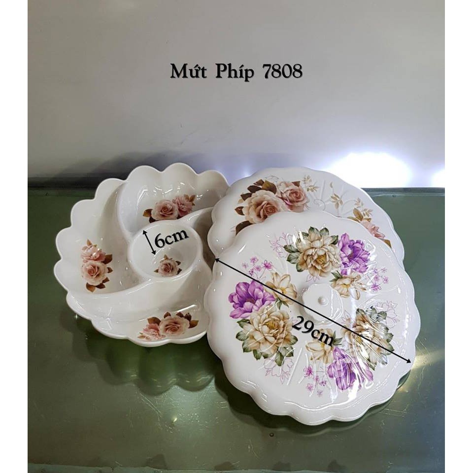 Khay mứt 7808 bánh kẹo màu trắng hoa hồng 5 ngăn 29cm mừng tết Tân Sửu 2021