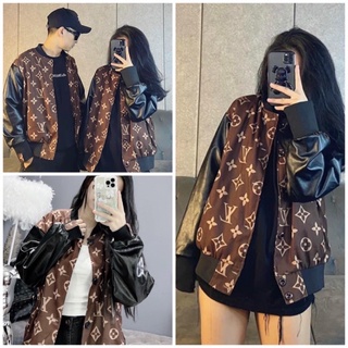 Áo khoác bomber l.v kaki nỉ mềm phối tay da unisex