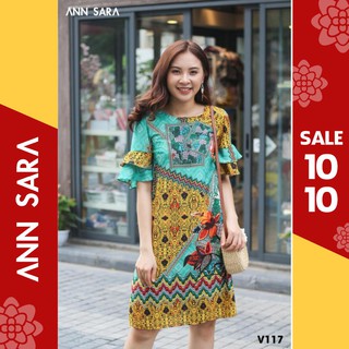 V117 - Đầm suông tay chuông 2 lớp xanh vàng ANN SARA