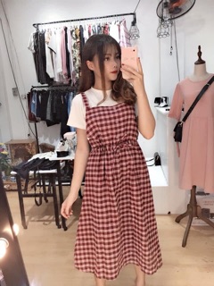 SET YẾM VÁY KẺ CARO + ÁO COTON