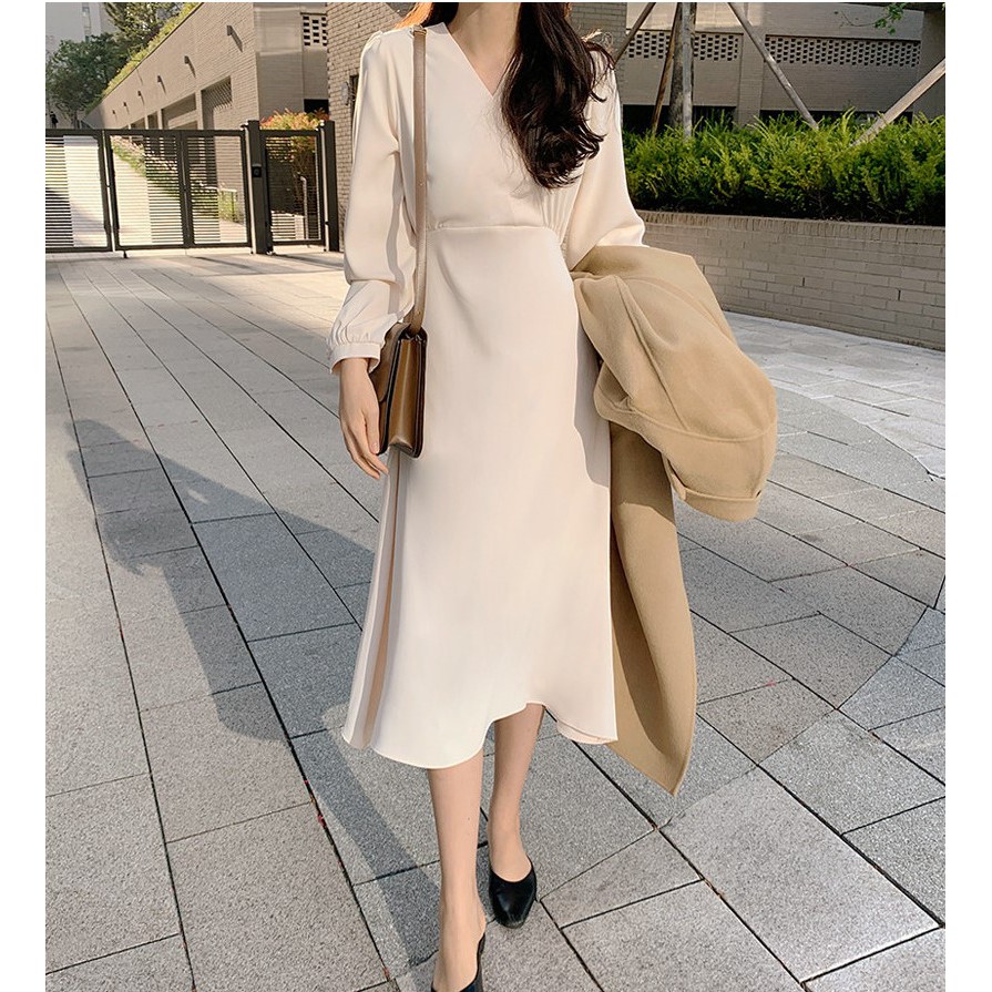 Đầm tay dài cổ chữ V xinh xắn cho nữ 39078