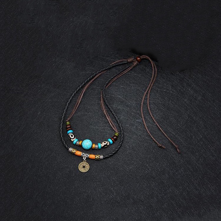 Vòng Cổ Dây Da Hai Lớp Mặt Đồng Xu Sáng Tạo Đơn Giản Thời Trang Cho Nam Nữ