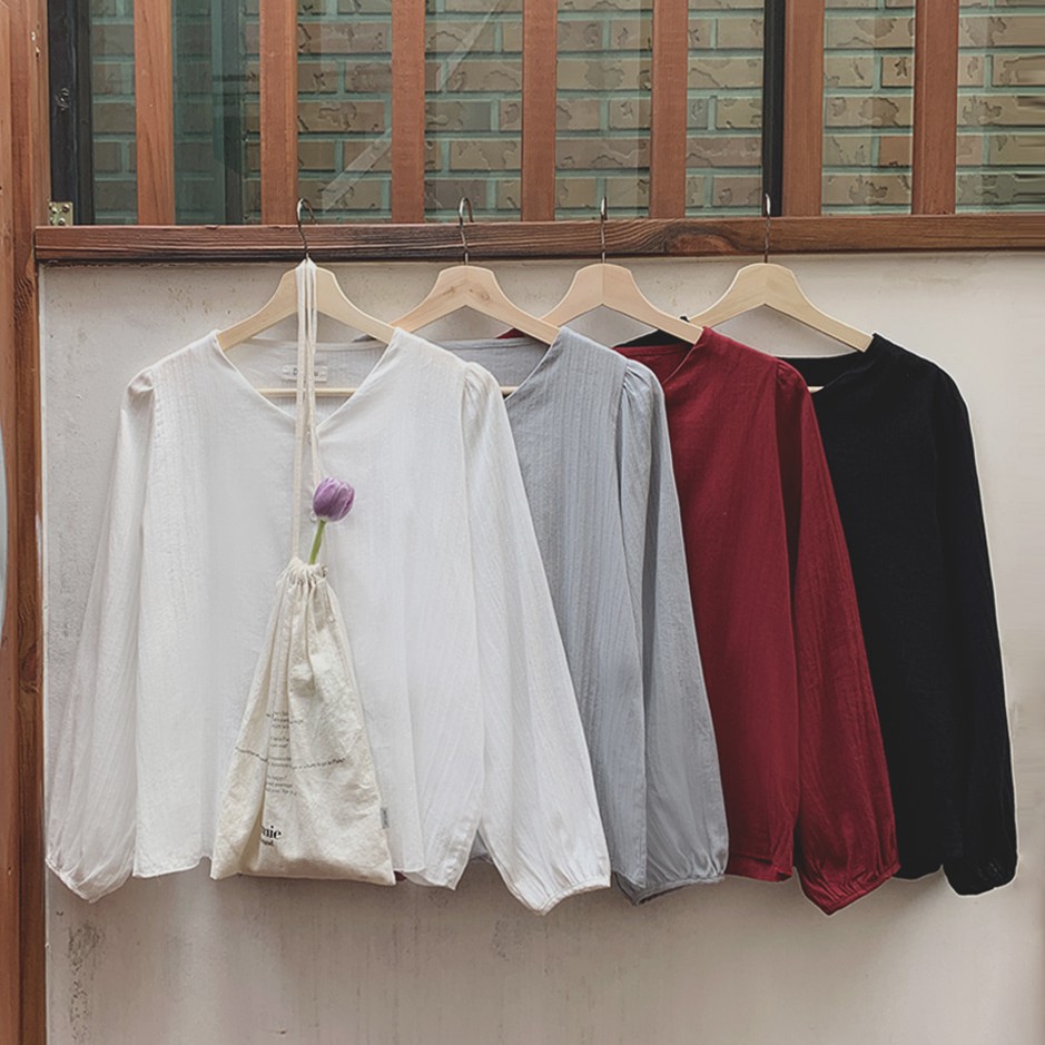 Áo tay dài cổ V màu trơn đơn giản thanh lịch cho nữ 35480