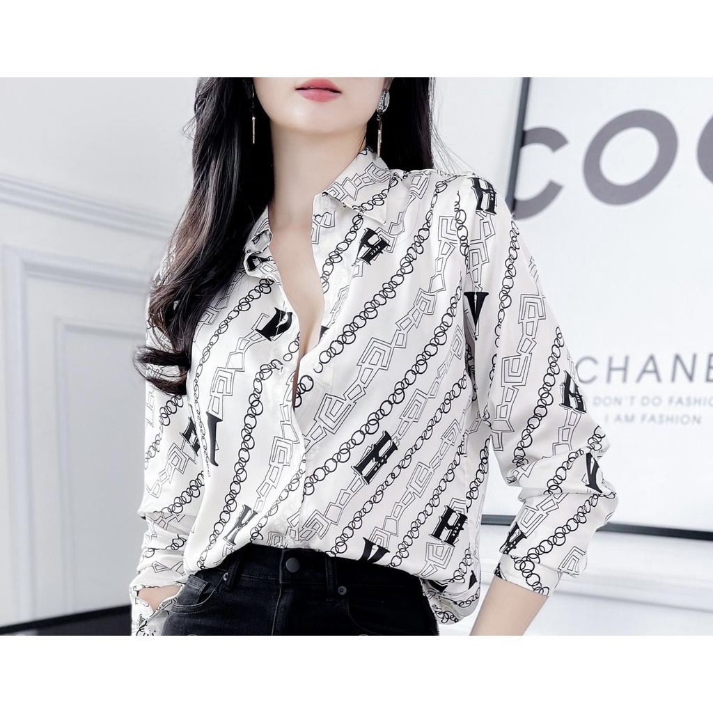 Áo sơ mi nữ lụa dài tay cao cấp công sở họa tiết dây xích nền trắng, áo sơ mi họa tiết thiết kế MQ Boutique
