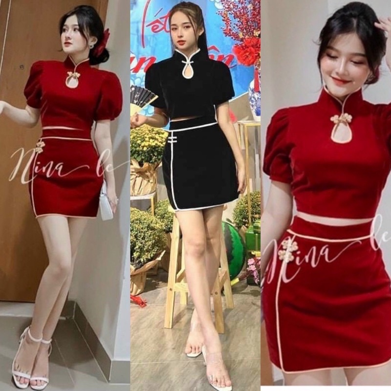 SET ÁO NHUNG CỔ TÀU KÈM CHÂN VÁY (KÈM VIDEO HÌNH THẬT)