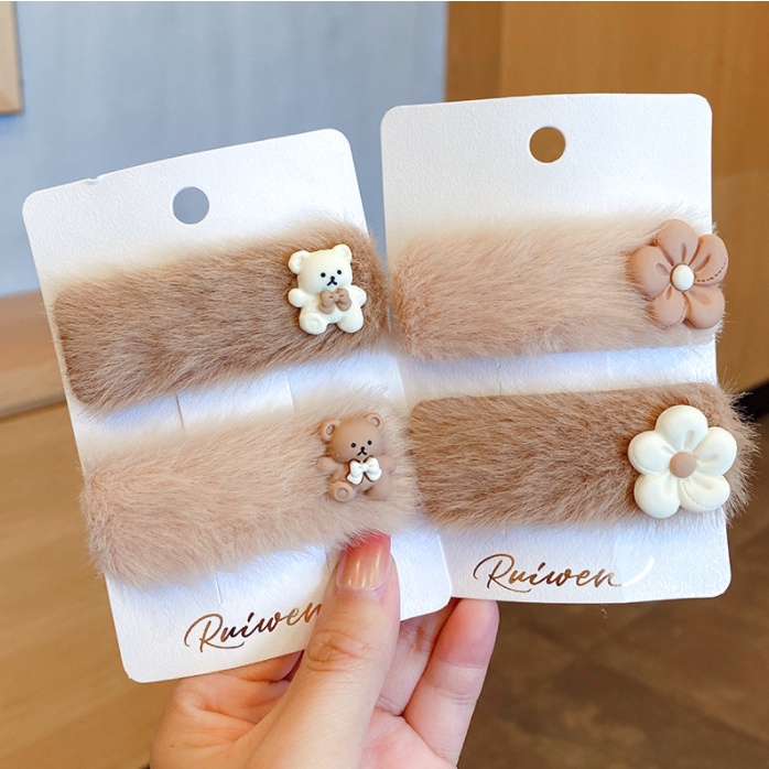 bộ combo set 2 chiếc cặp tóc lôngmàu vintage họa tiết xinh xắn dễ thương phong cách Hàn Quốc