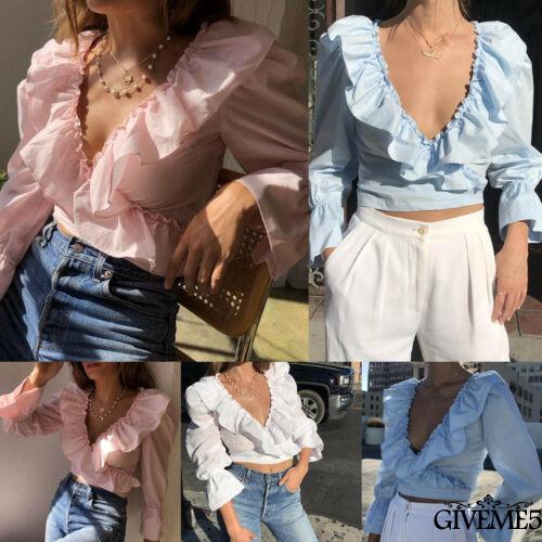 Áo kiểu nữ cổ chữ V tay loe dài xinh xắn