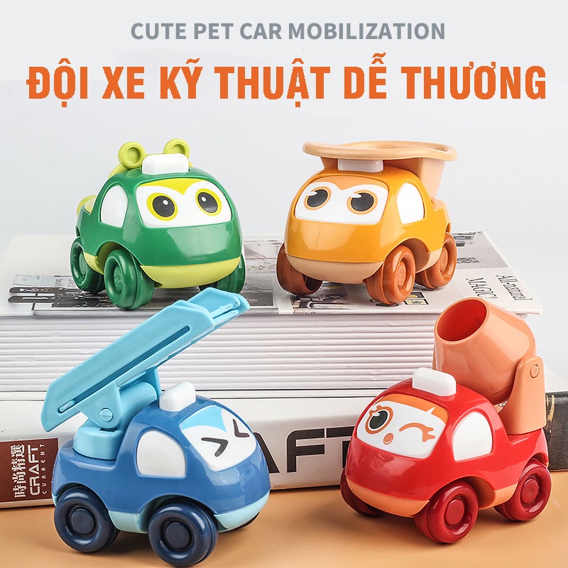 Bộ đồ chơi ô tô quán tính mi ni hoạt hình mô tả xe công trình, xe kỹ thuật, xe thang, xe cứu hộ đẹp và dễ thương