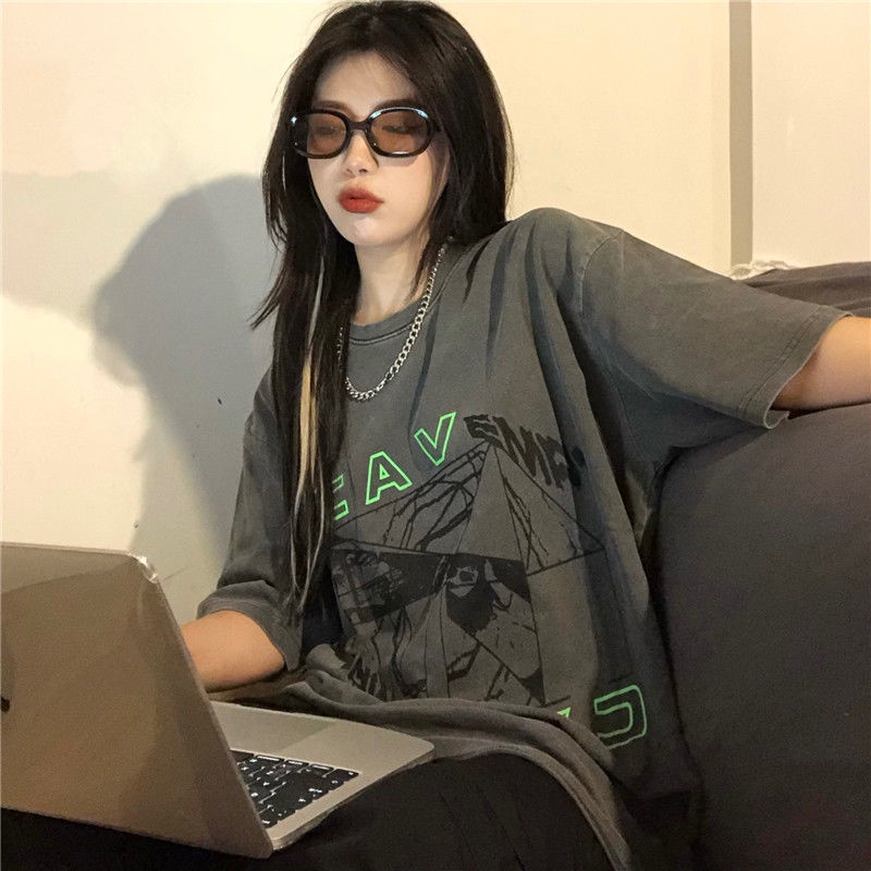 Áo thun tay ngắn dáng rộng phong cách Retro Hàn Quốc