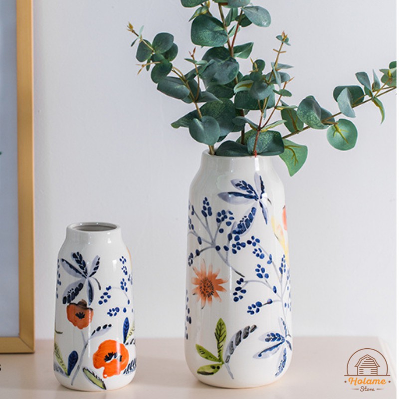 Bình hoa, lọ hoa gốm hình trụ viền vàng và họa tiết cam cực xinh decor phòng khách, bàn làm vệc