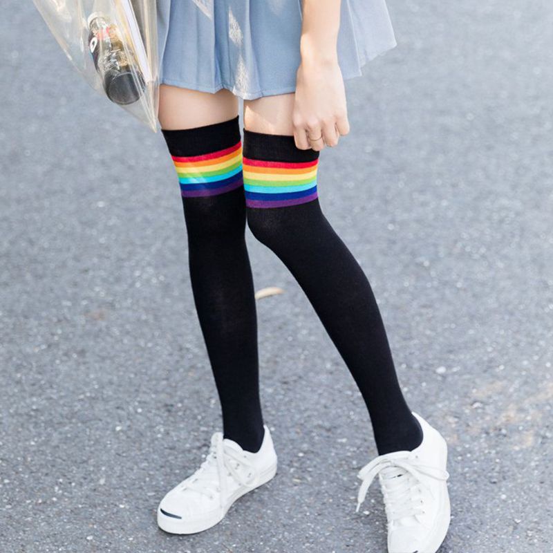 Vớ Dài Qua Gối 10MK Họa Tiết Sọc Cầu Vồng Sáng Phong Cách Preppy Nhật Bản Cho Nữ Sinh