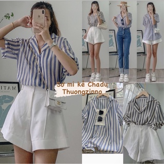 Áo sơ mi nữ chadu tay ngắn dáng rộng kẻ sọc kiểu retro hàn quốc áo sơ mi cổ vest kẻ sọc